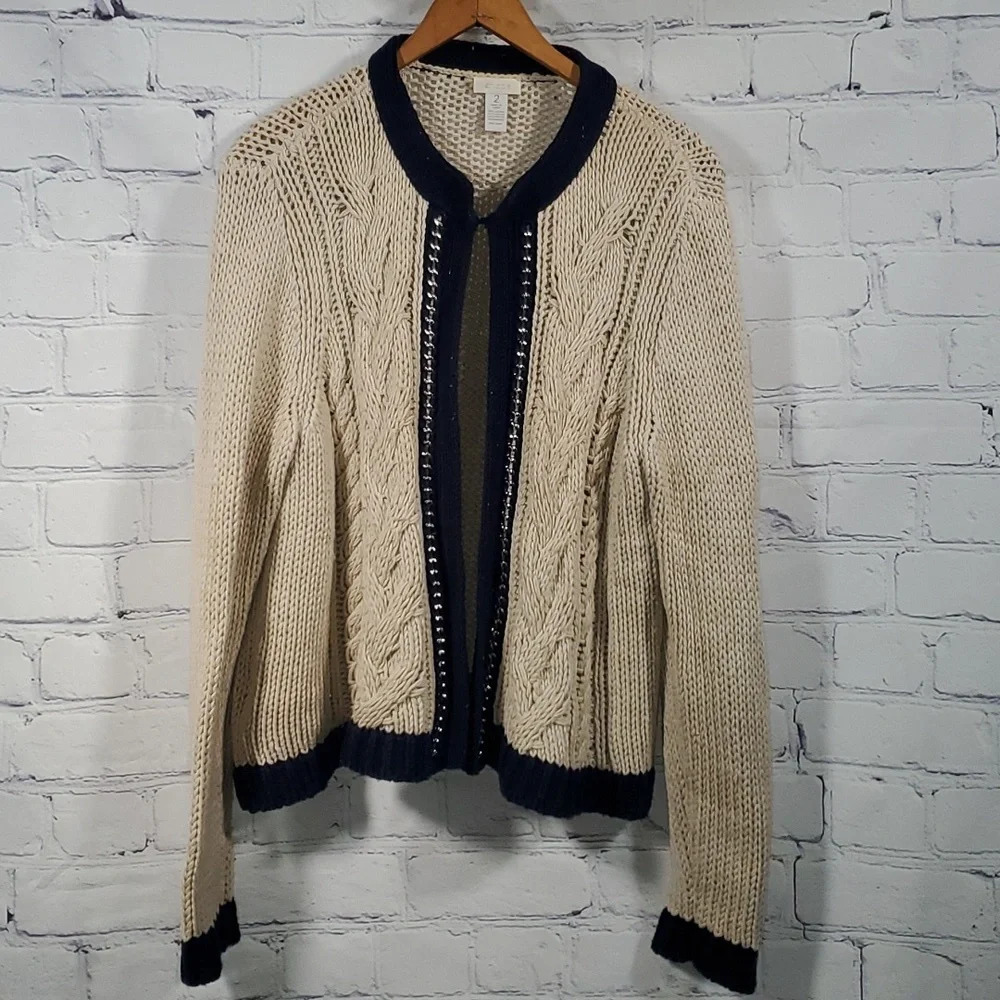 Chicos beige navy one hook silver chain Cable Knit cardigan Heavyweight Size 2